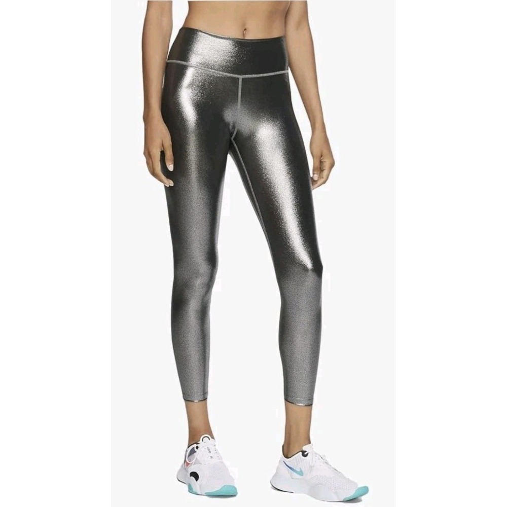 Nike Womens Sz L One Icon Clash Mid Rise 7/8 Shimmer Leggings Silver Yoga Run